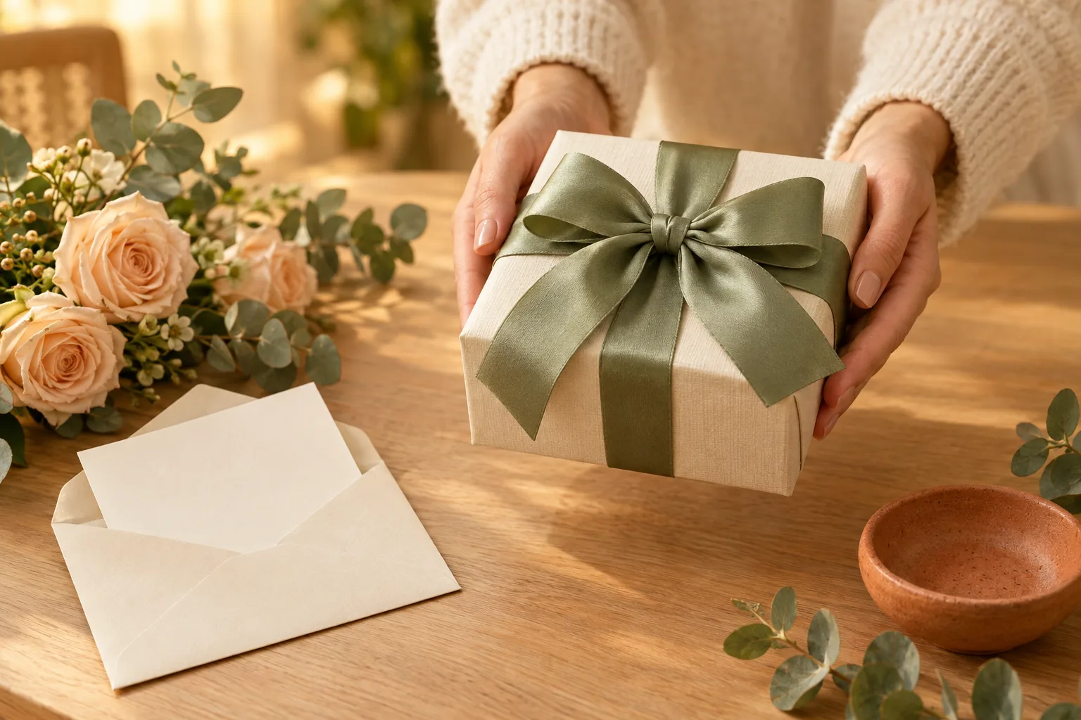 Cadeau emballé de papier crème et de ruban vert sauge