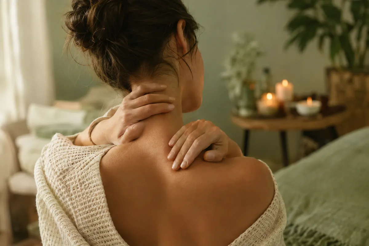 Une femme de dos qui se masse doucement l’épaule, dans une pièce calme et lumineuse