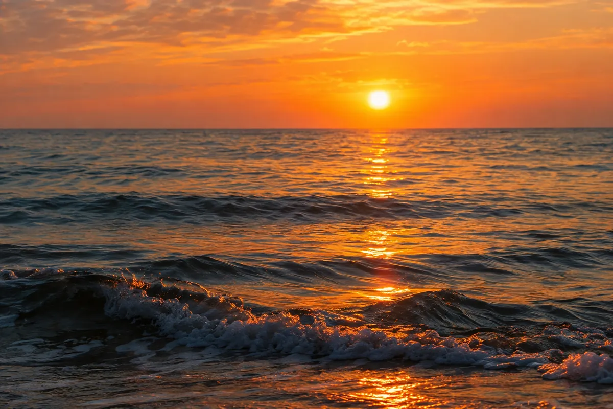 Un coucher de soleil sur la mer, avec des vagues calmes