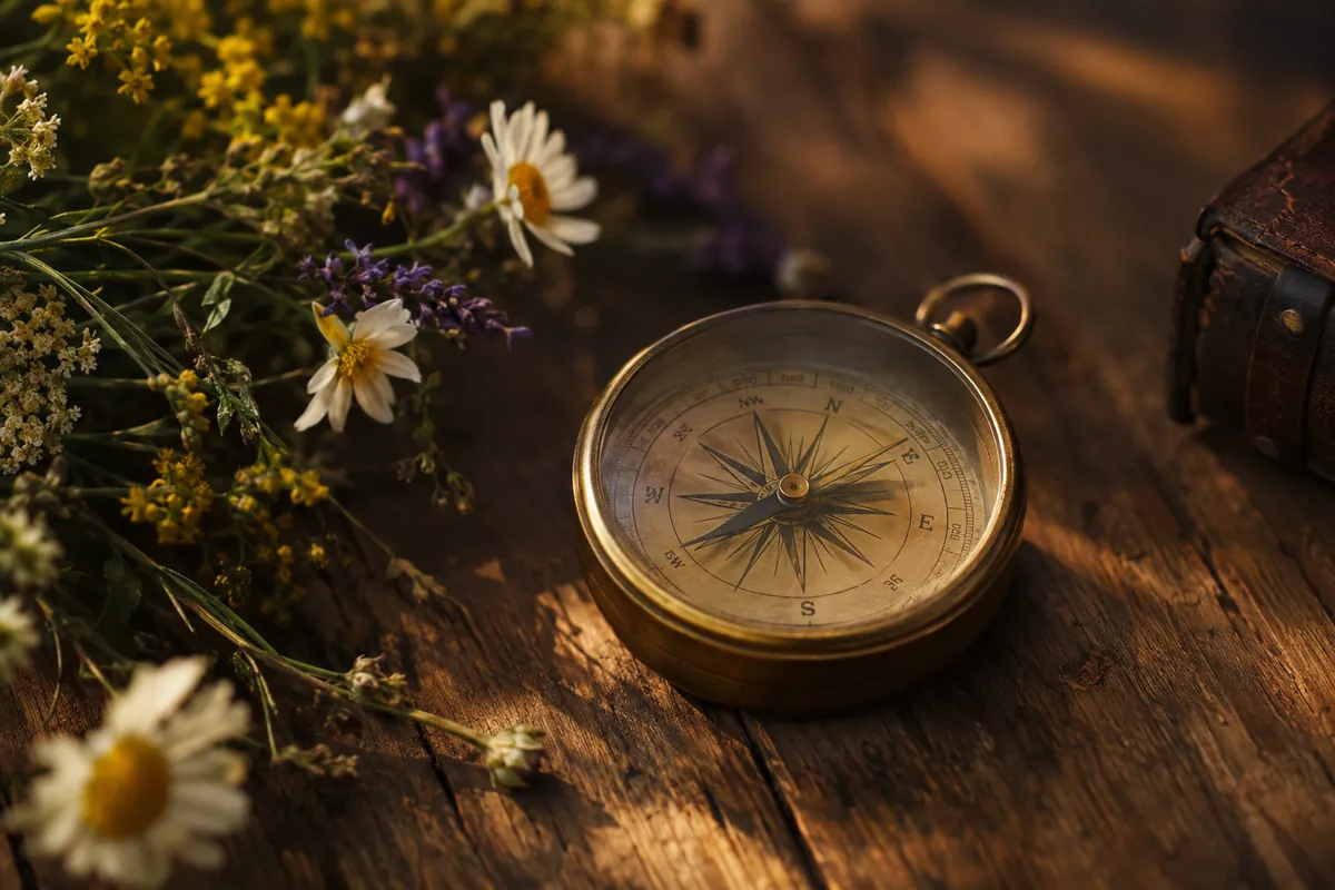 Une boussole ancienne posée sur une table en bois, entourée de fleurs des champs