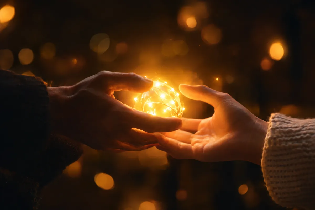 Deux mains qui se transmettent doucement une petite boule lumineuse, sur un fond de lumières chaudes et floues