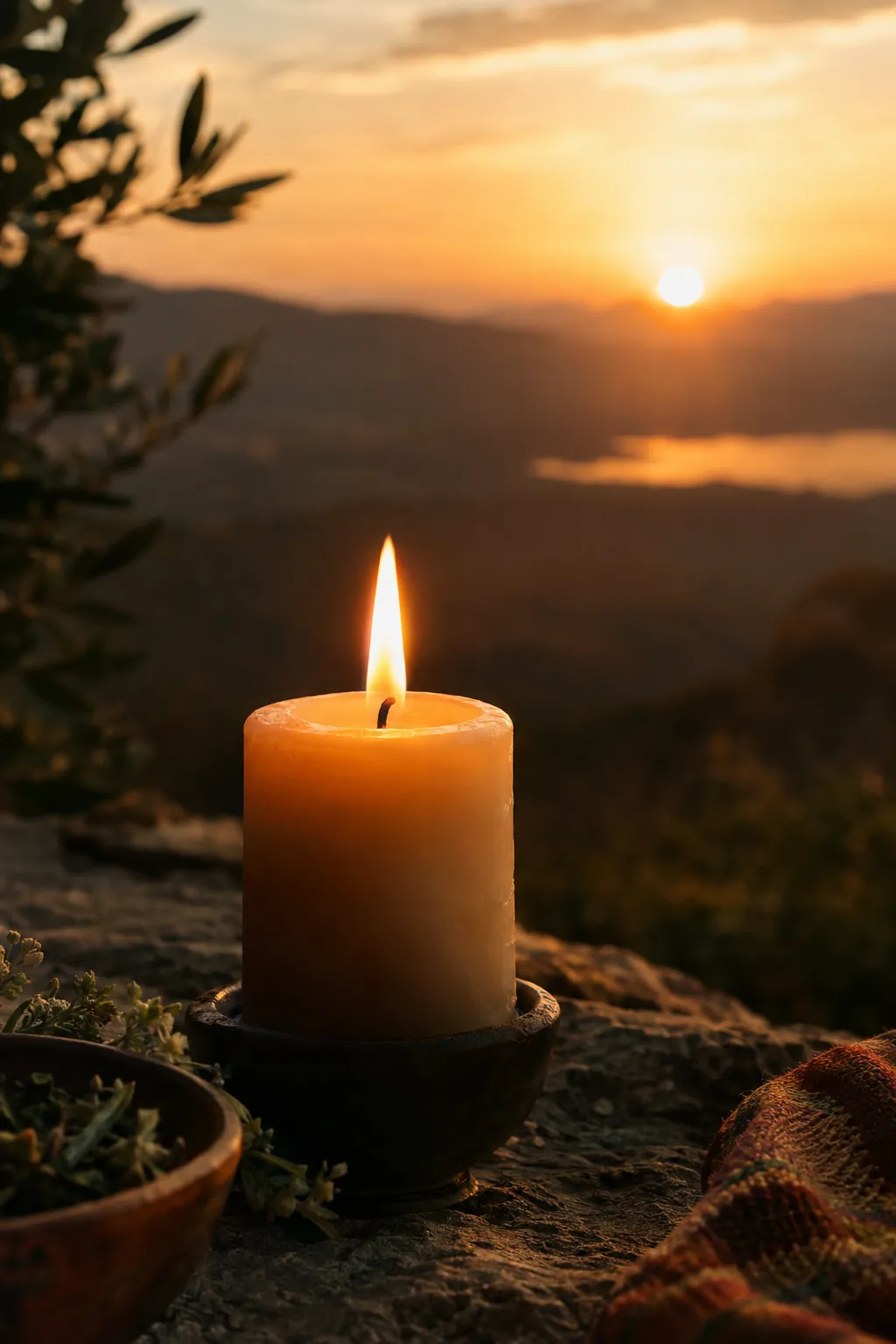 Une bougie allumée sur un rocher, face à un coucher de soleil sur les collines