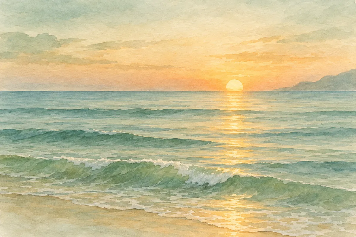 Des vagues calmes sur une plage au coucher du soleil, à l’aquarelle