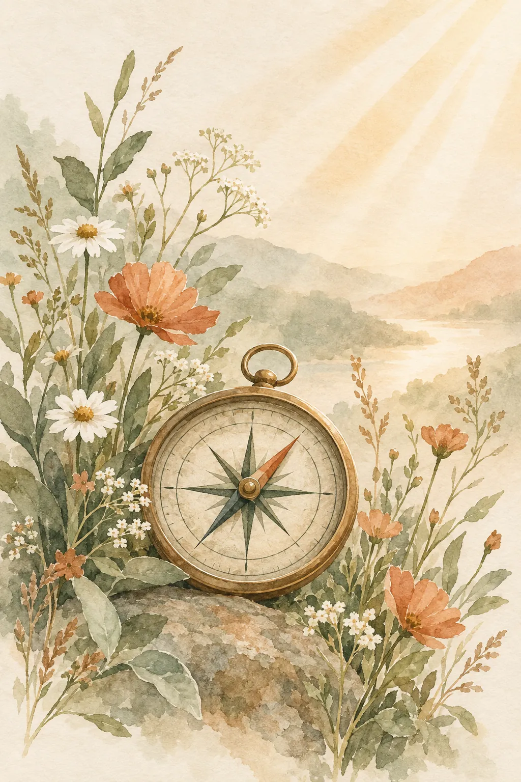 Une boussole posée parmi des fleurs des champs, à l’aquarelle