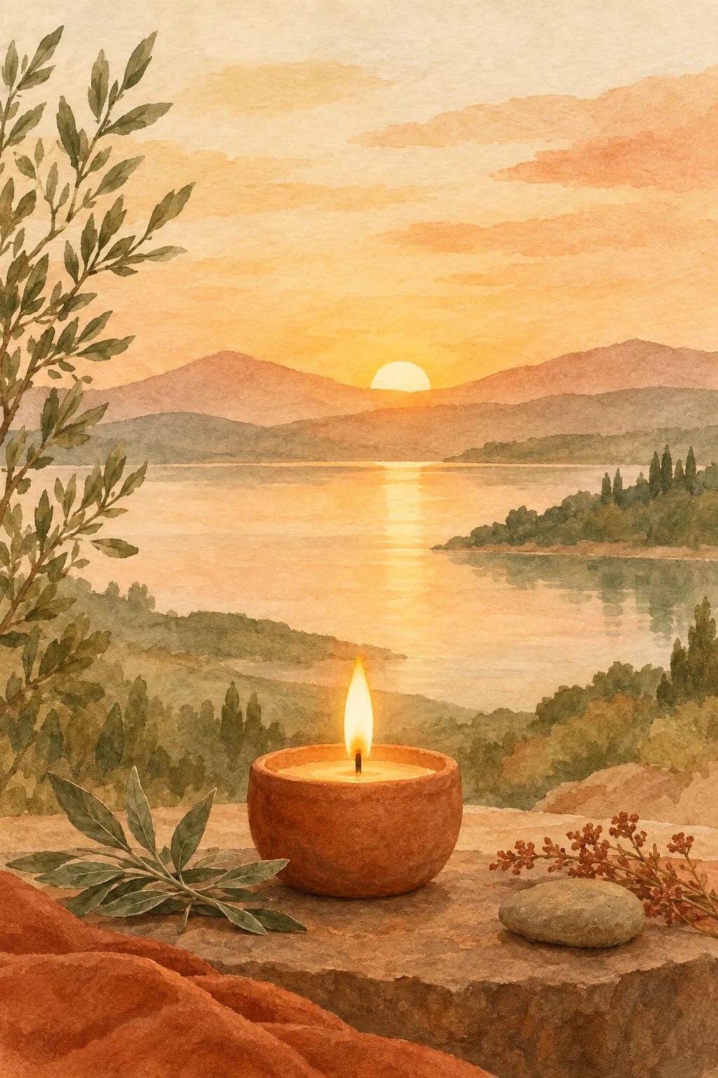 Une bougie allumée face à un lac au coucher du soleil, dans une ambiance calme et douce