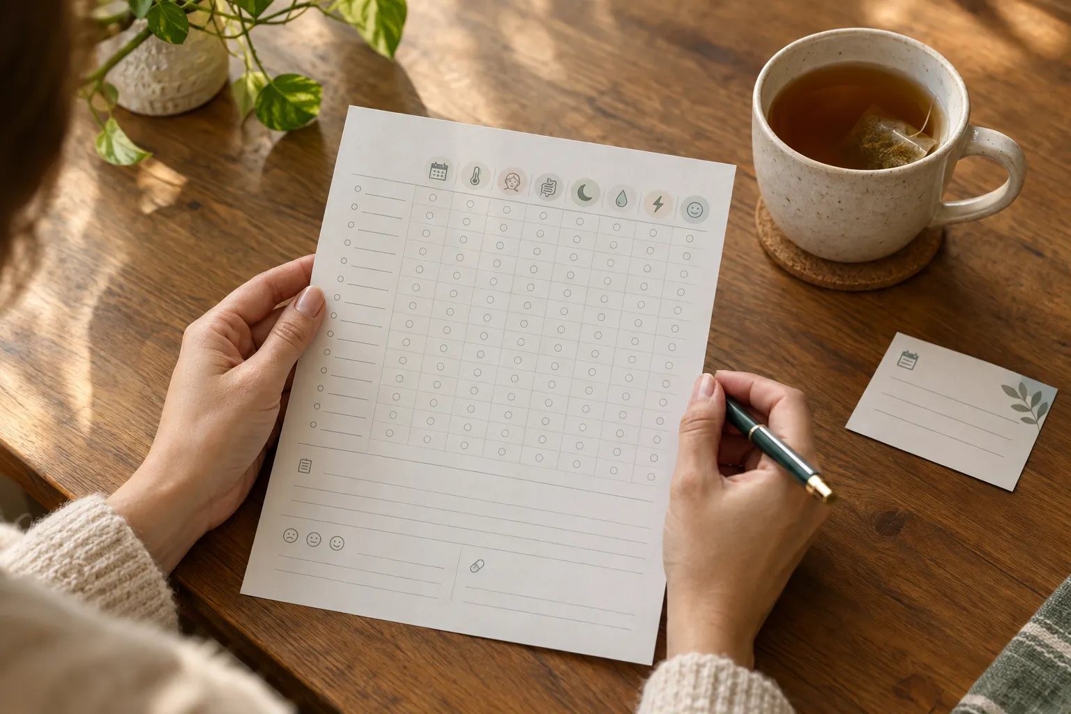 Une femme remplit au stylo une fiche de suivi de ses signes, à côté d'une tasse de tisane