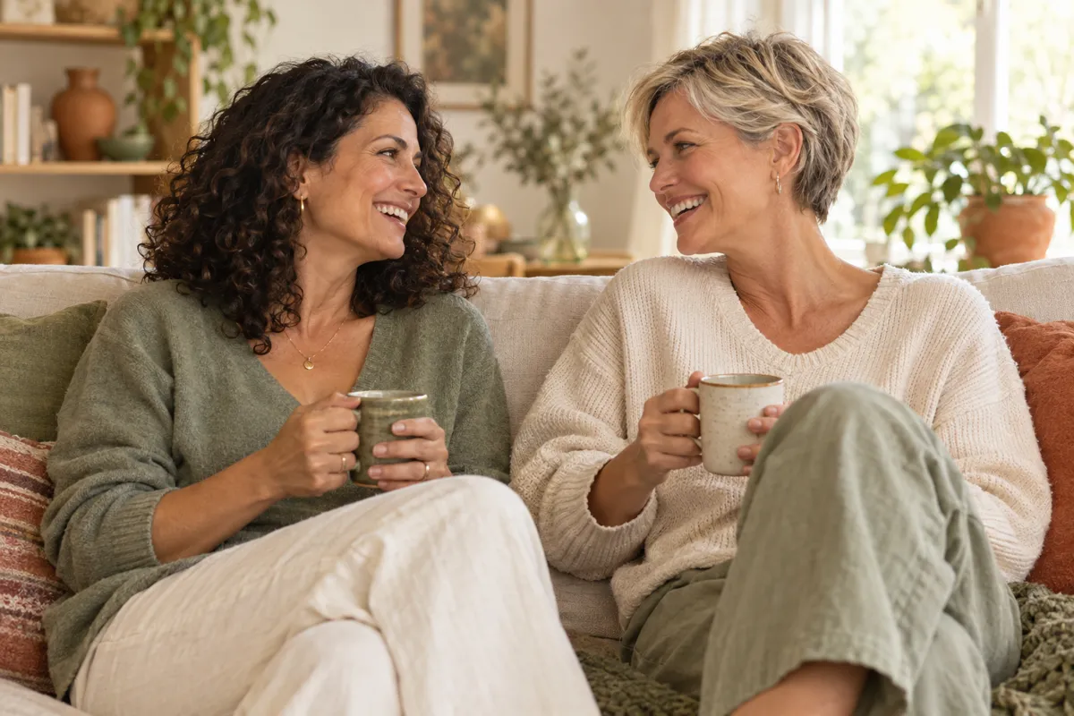 Deux amies d'une cinquantaine d'années discutent en souriant sur un canapé, une tasse à la main