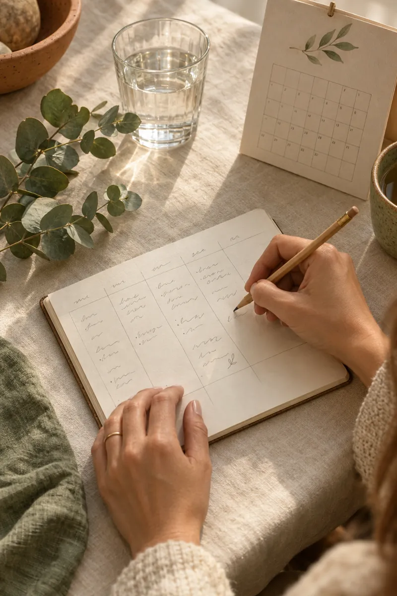 Mains qui écrivent dans un carnet à grille, à côté d'un petit calendrier et d'un verre d'eau