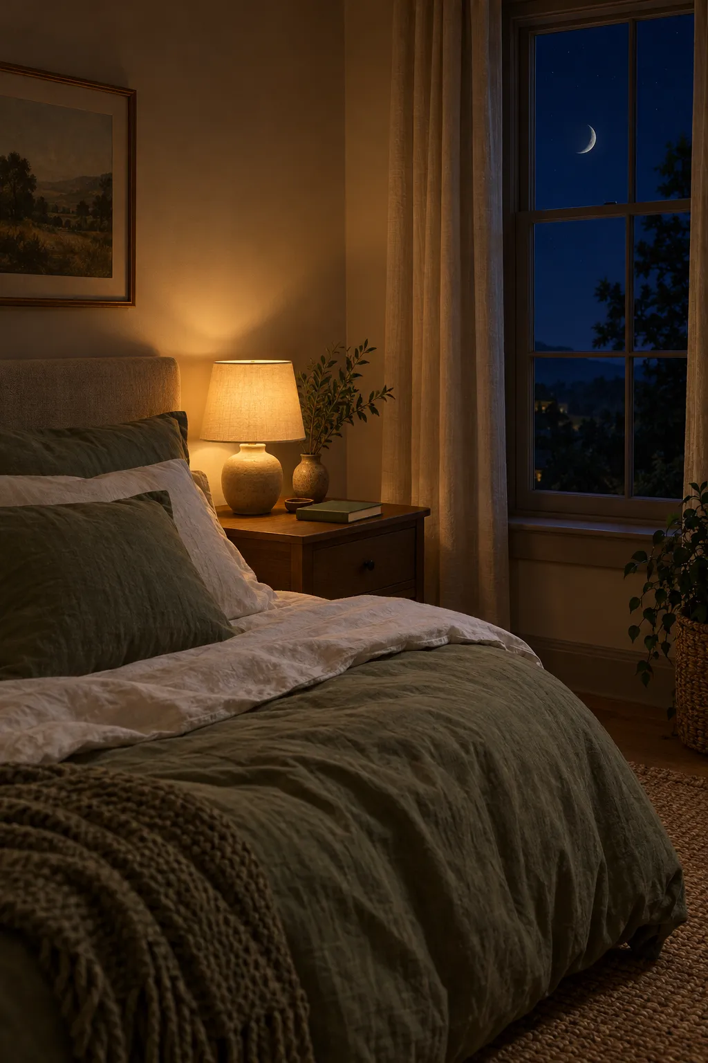 Une chambre calme la nuit, éclairée par une petite lampe chaude près du lit aux draps de lin, avec un croissant de lune visible par la fenêtre