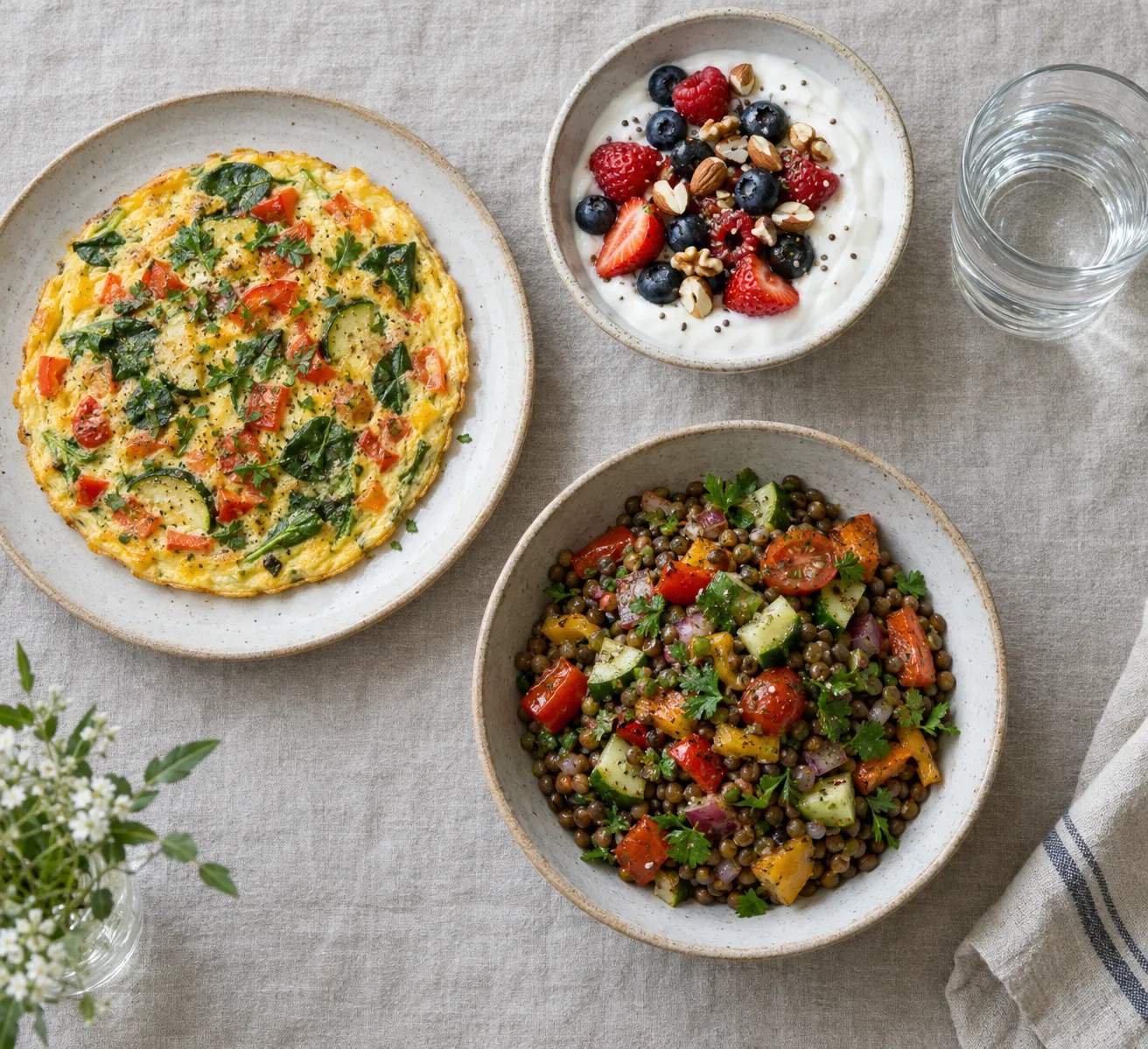 Une omelette aux légumes, un bol de lentilles aux crudités et un yaourt aux fruits rouges et amandes sur une nappe en lin