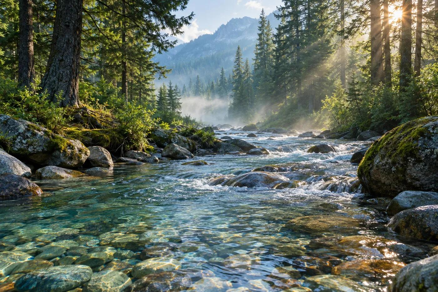 Un ruisseau de montagne limpide coule sur des galets, à l'ombre des sapins